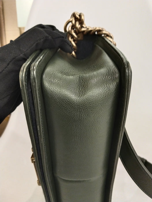 CHANEL BOY MEDIUM 25 GREEN FUR GHW PRW PRE-LOVED