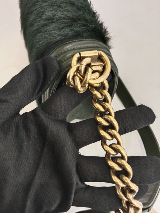 CHANEL BOY MEDIUM 25 GREEN FUR GHW PRW PRE-LOVED